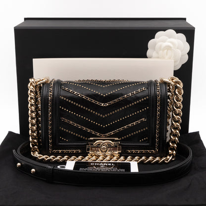 Chanel Boy Bag Small Chevron Chains Black Crumpled Calfskin Shiny