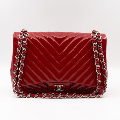 Classic Single Flap Jumbo Red Chevron Patent Silver