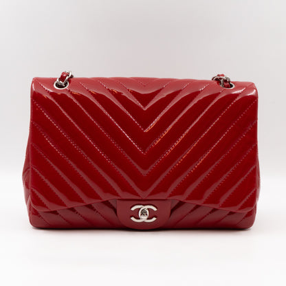 Classic Single Flap Jumbo Red Chevron Patent Silver