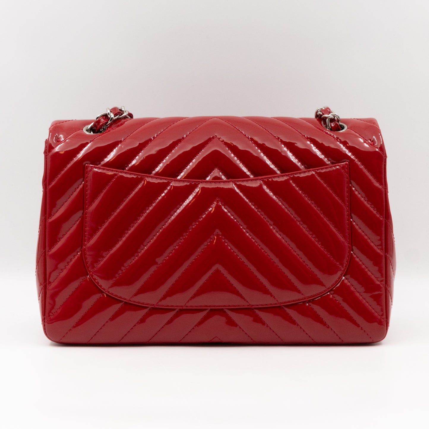 Classic Single Flap Jumbo Red Chevron Patent Silver