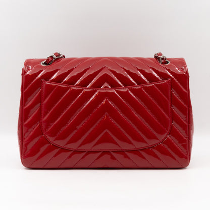 Classic Single Flap Jumbo Red Chevron Patent Silver