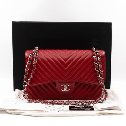 Classic Double Flap Jumbo Red Chevron Caviar Silver