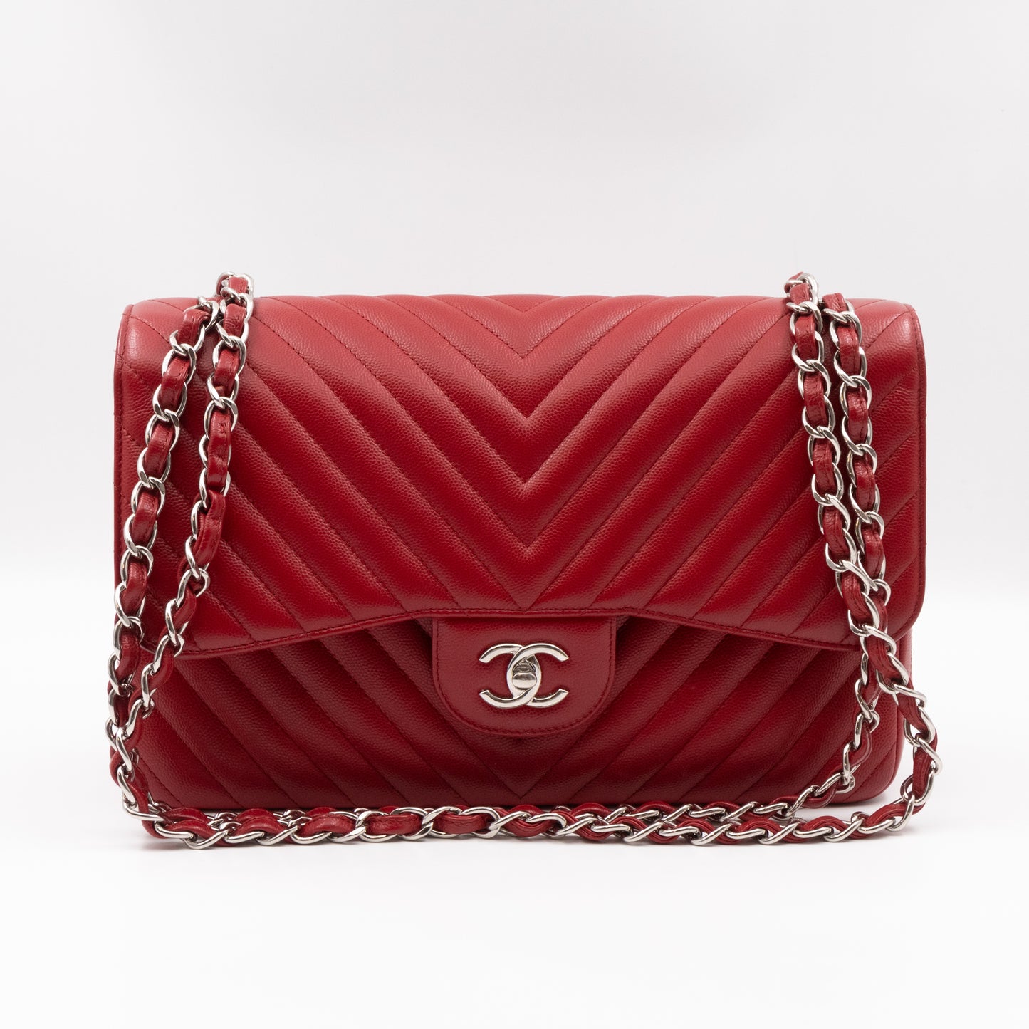 Classic Double Flap Jumbo Red Chevron Caviar Silver