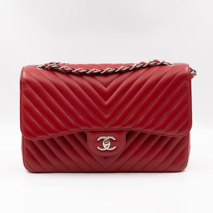 Classic Double Flap Jumbo Red Chevron Caviar Silver