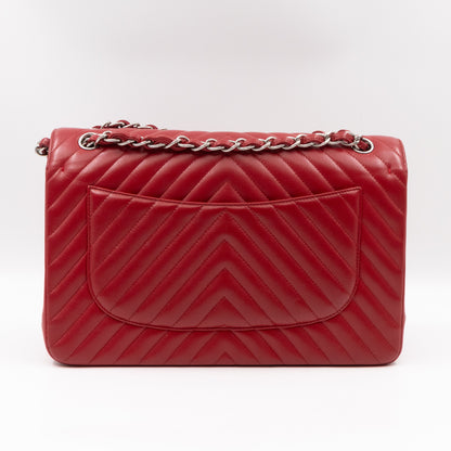 Classic Double Flap Jumbo Red Chevron Caviar Silver