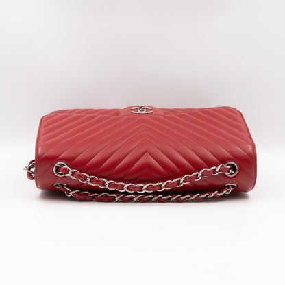 Classic Double Flap Jumbo Red Chevron Caviar Silver