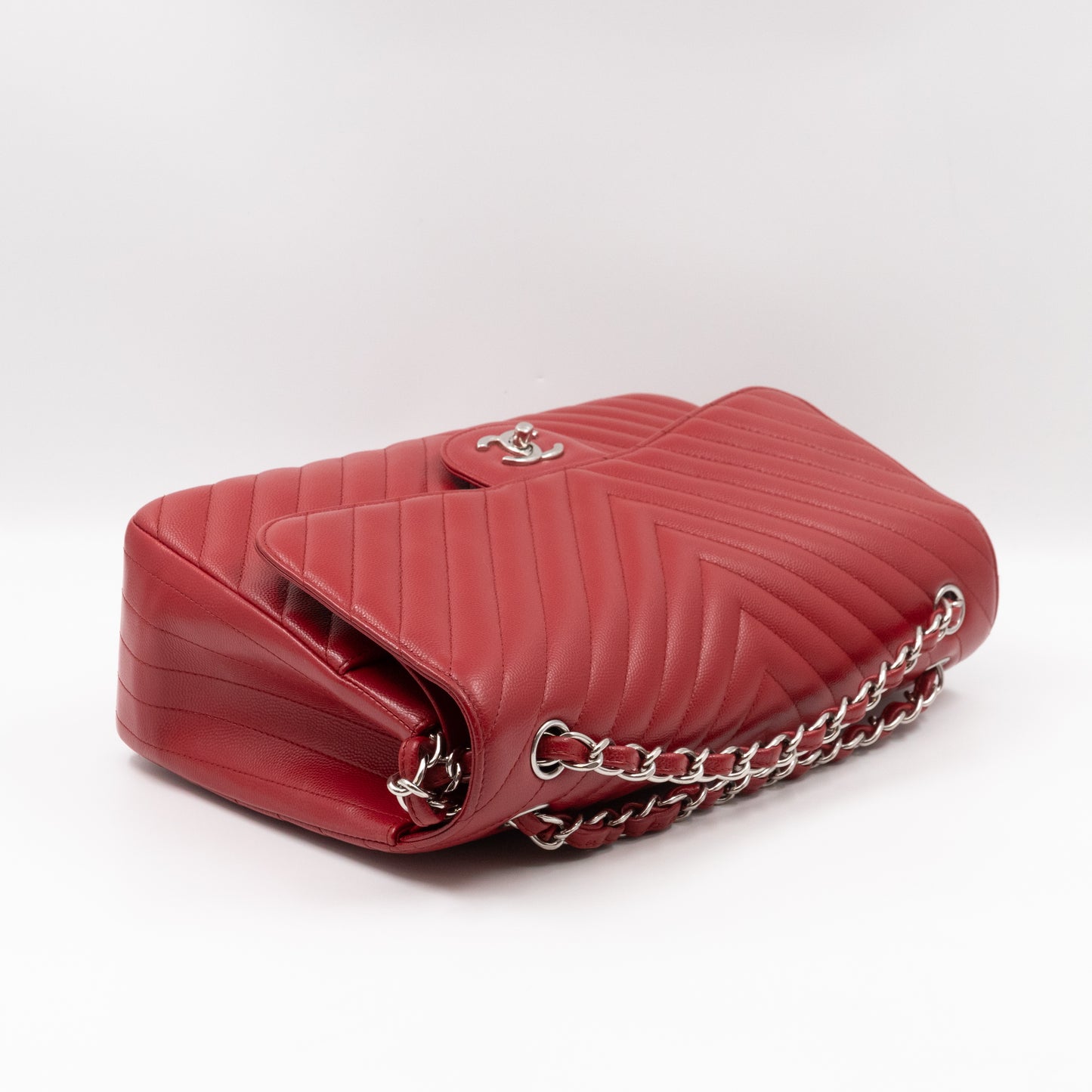 Classic Double Flap Jumbo Red Chevron Caviar Silver