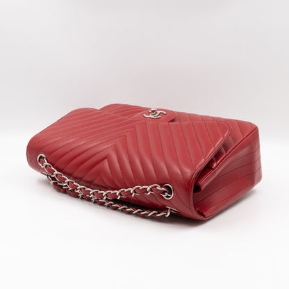 Classic Double Flap Jumbo Red Chevron Caviar Silver