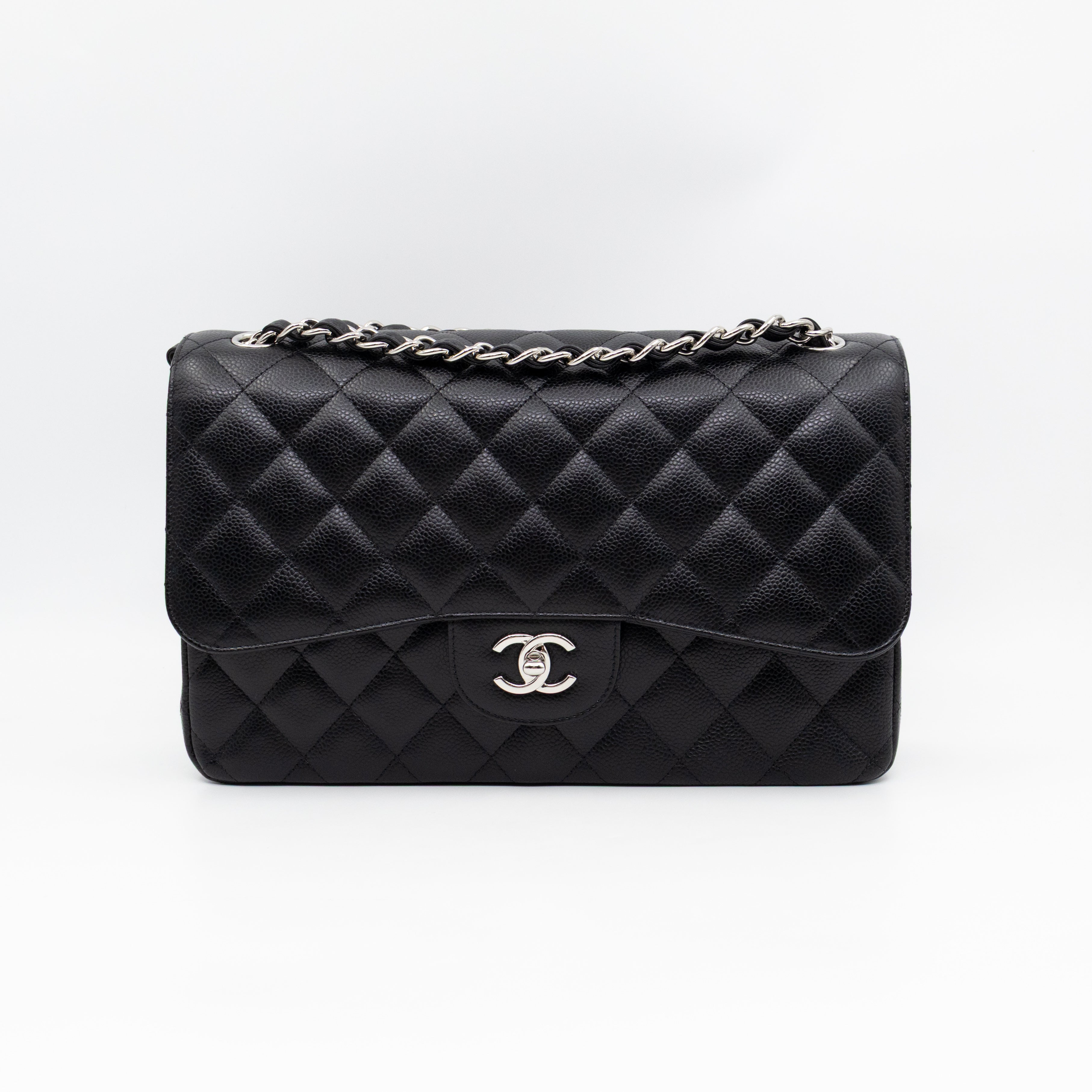 Classic Double Flap Jumbo Black Caviarskin Leather Silver