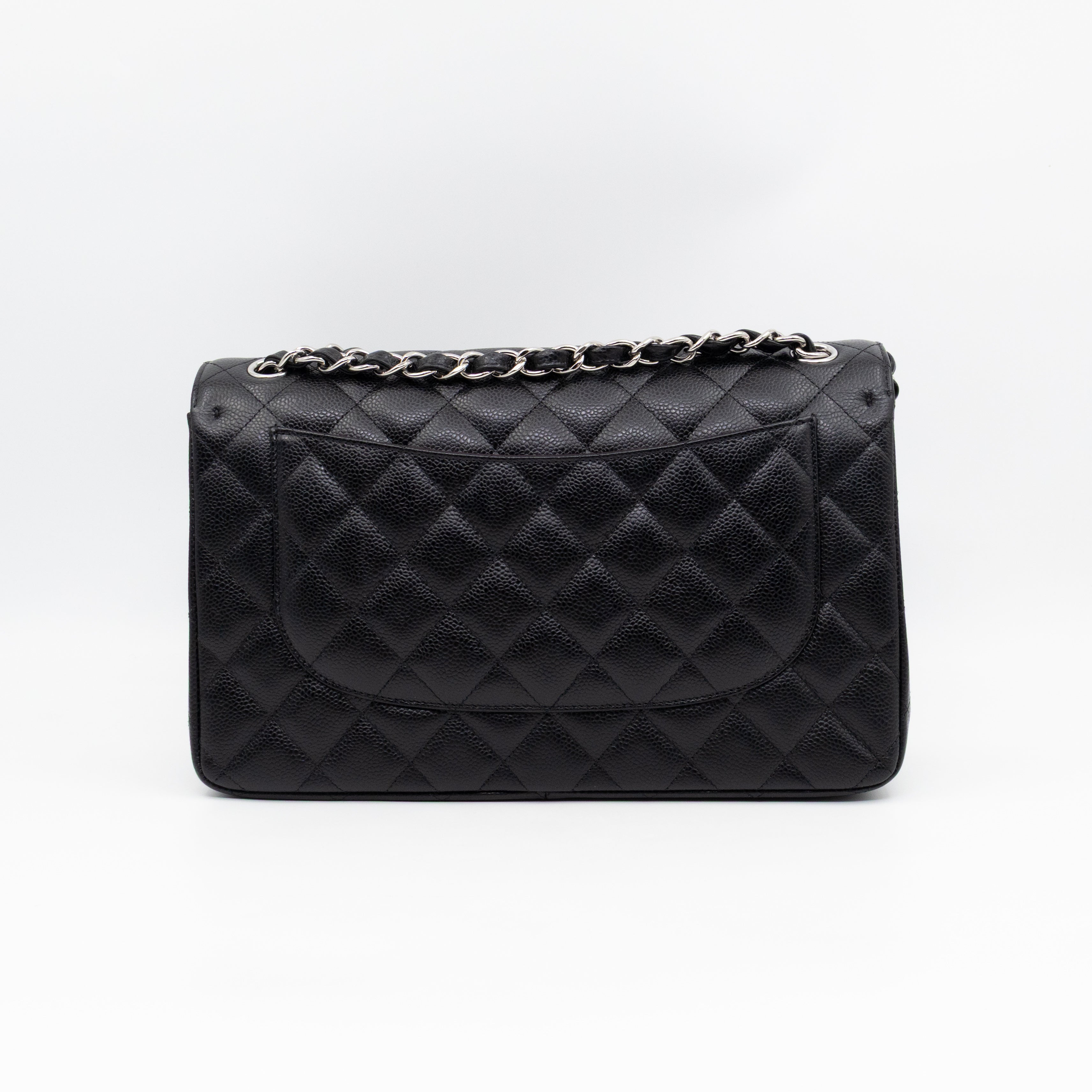 Classic Double Flap Jumbo Black Caviarskin Leather Silver