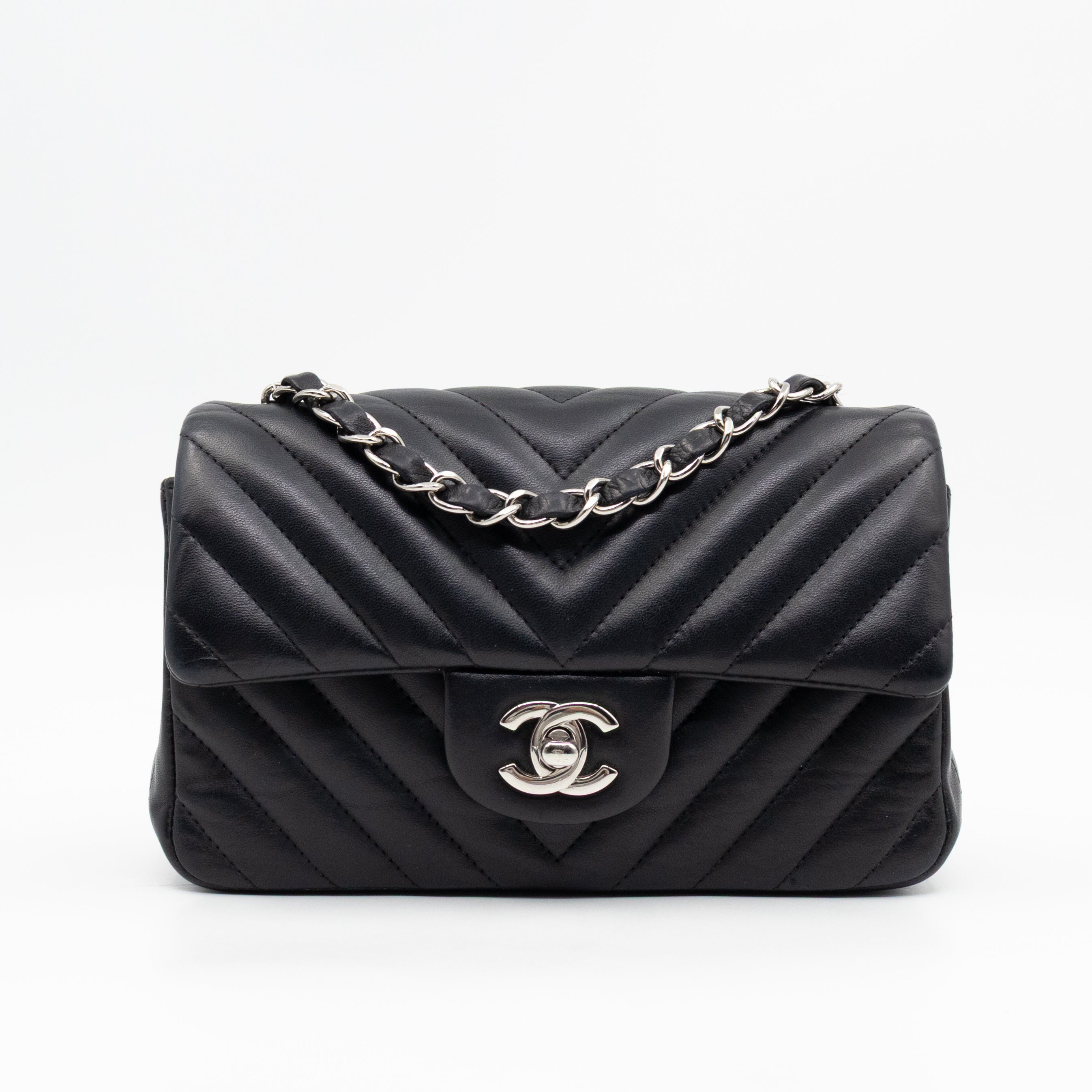 Classic Flap Mini Rectangular Black Chevron Lambskin Leather