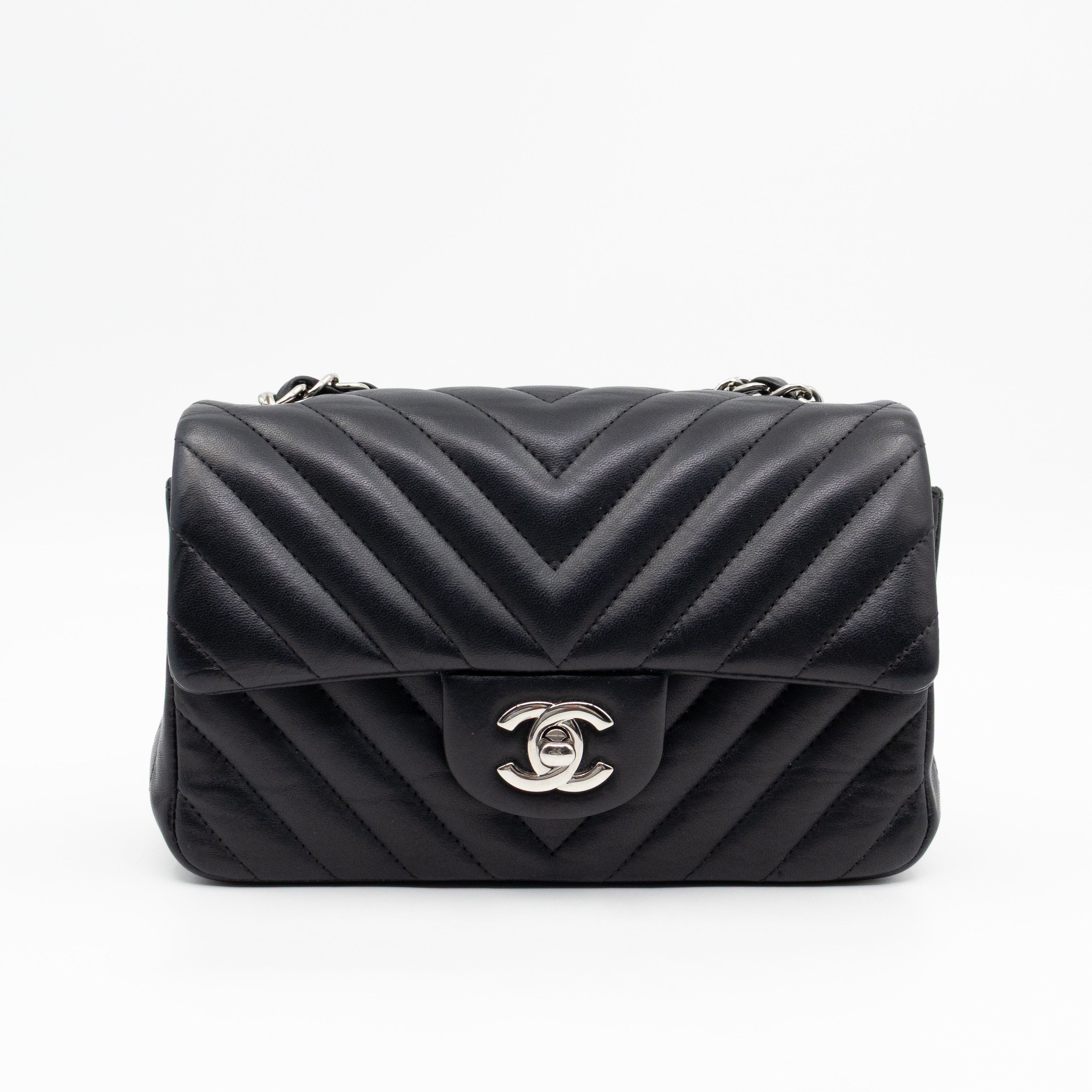 Classic Flap Mini Rectangular Black Chevron Lambskin Leather