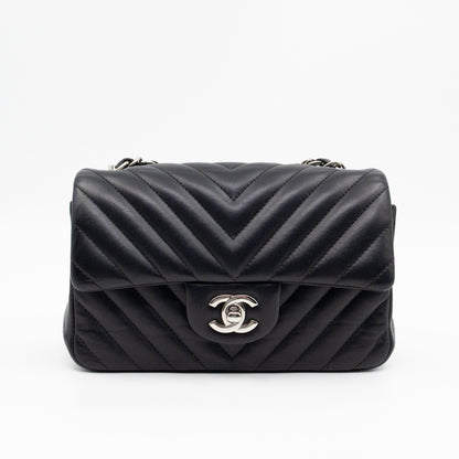 Classic Flap Mini Rectangular Black Chevron Lambskin Leather