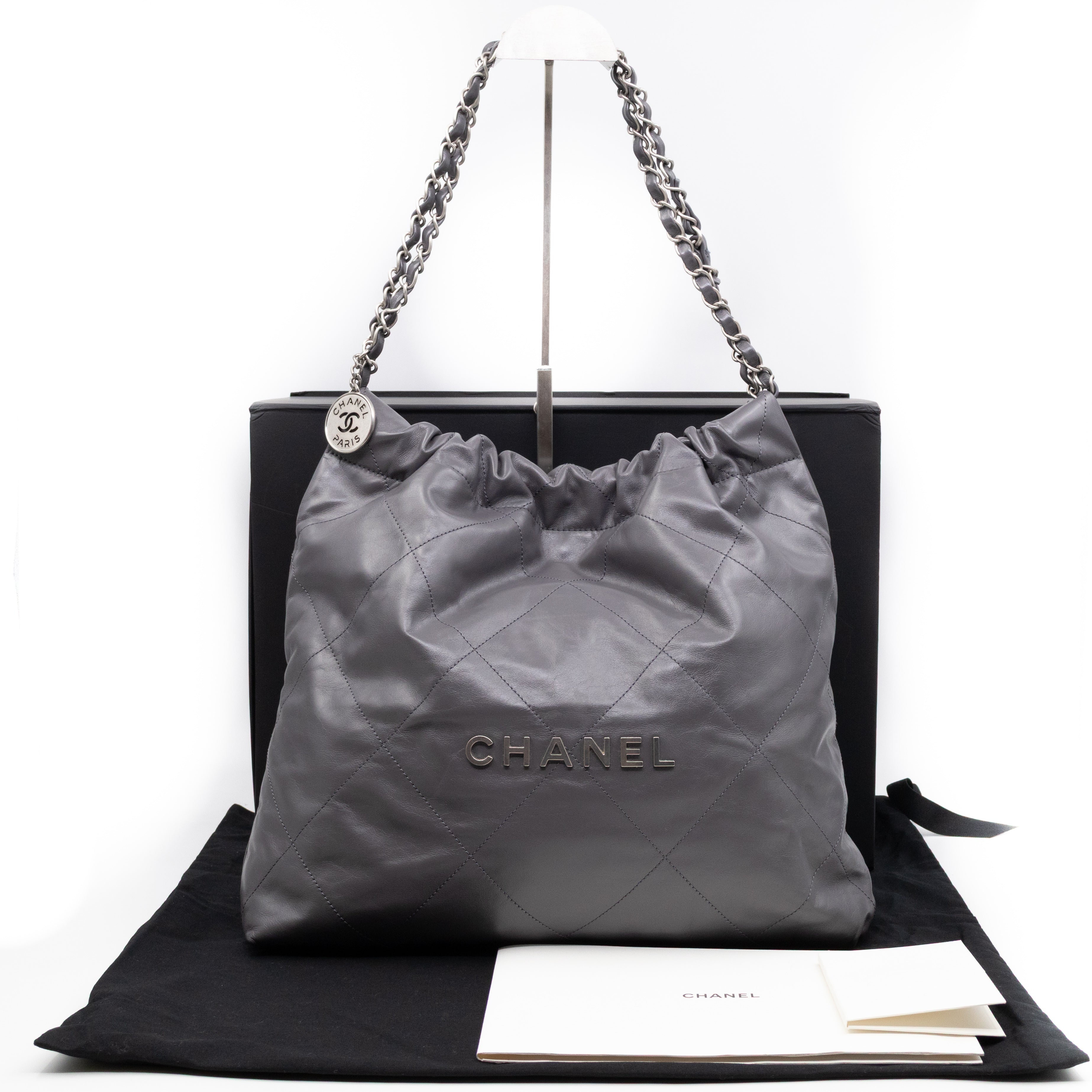 22 Small Dark Grey Calfskin Leather Silver