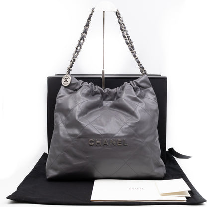 22 Small Dark Grey Calfskin Leather Silver
