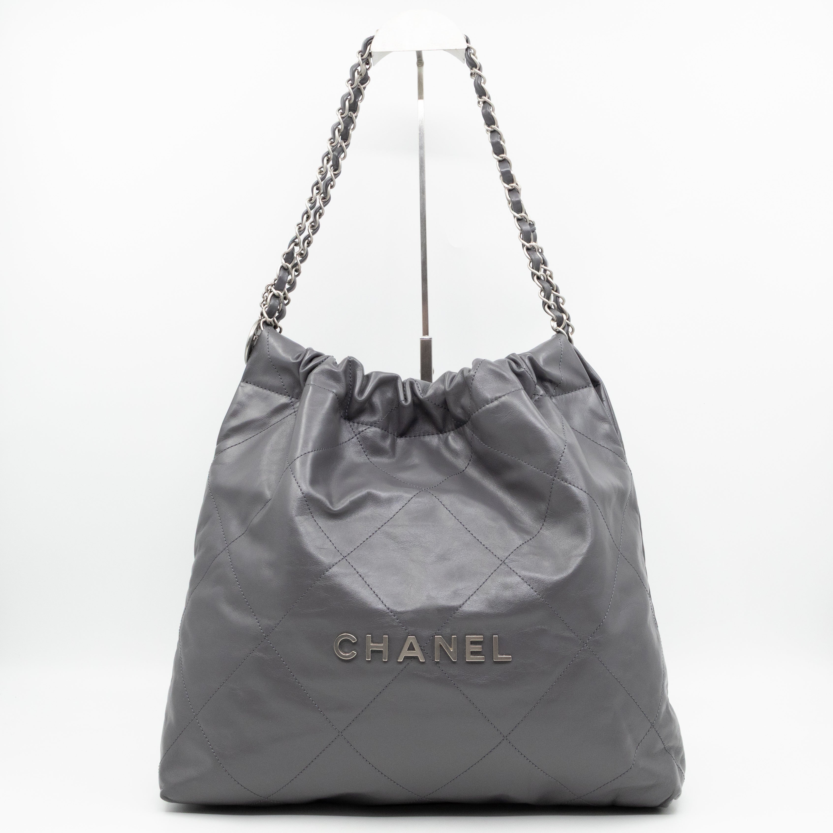 22 Small Dark Grey Calfskin Leather Silver