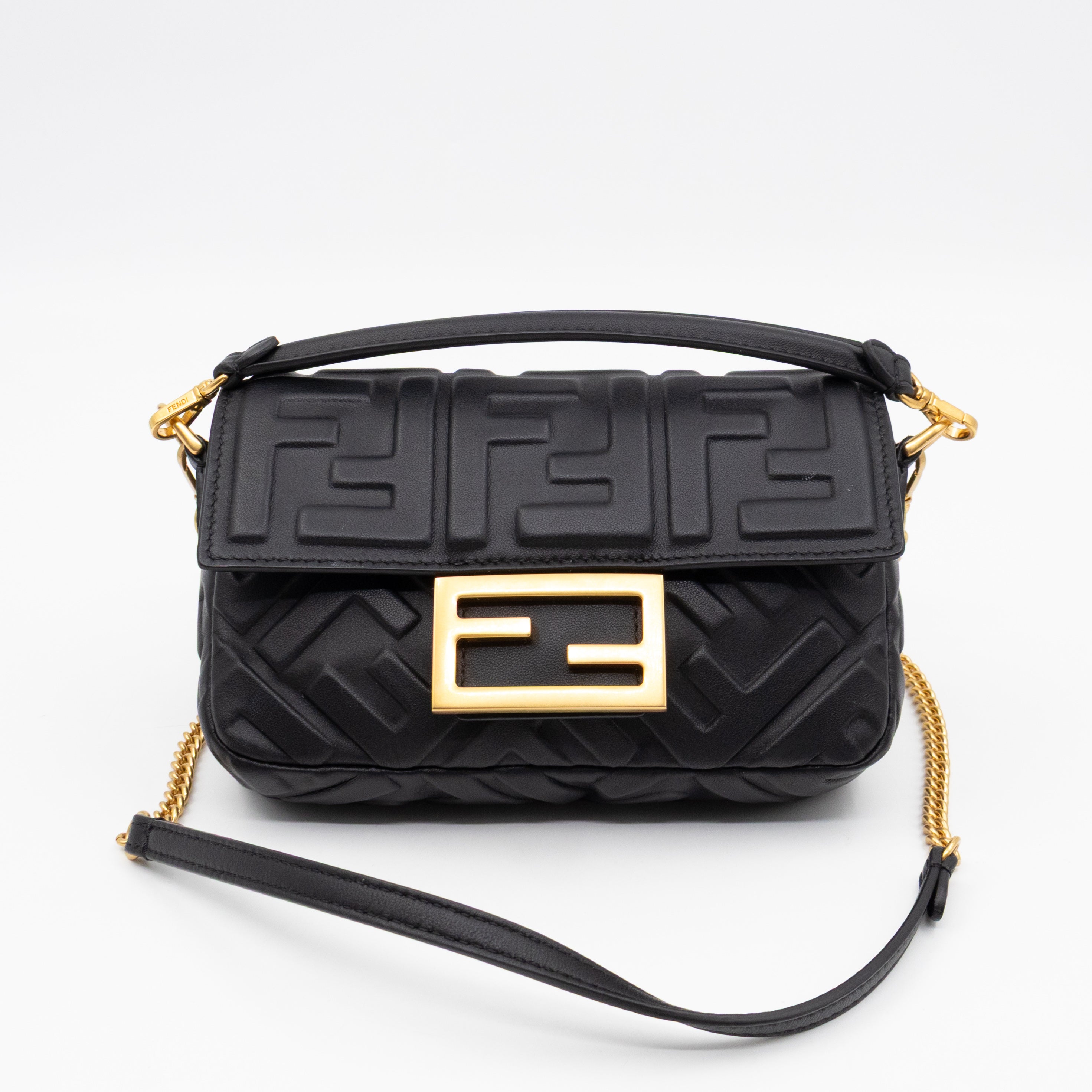 Mini Baguette Black FF Embossed Nappa Leather