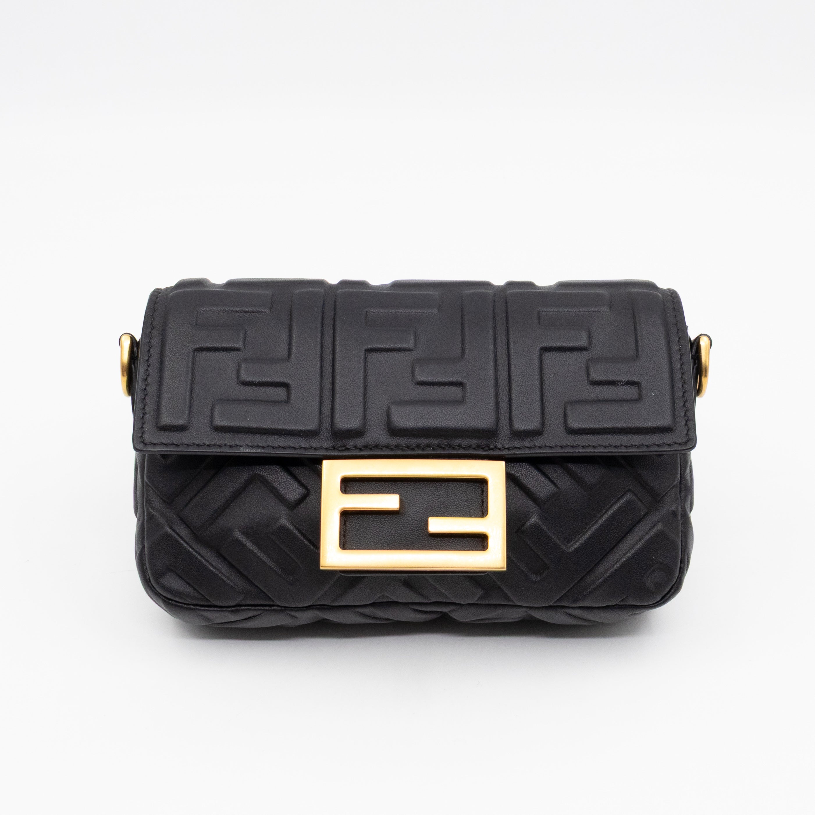 Mini Baguette Black FF Embossed Nappa Leather