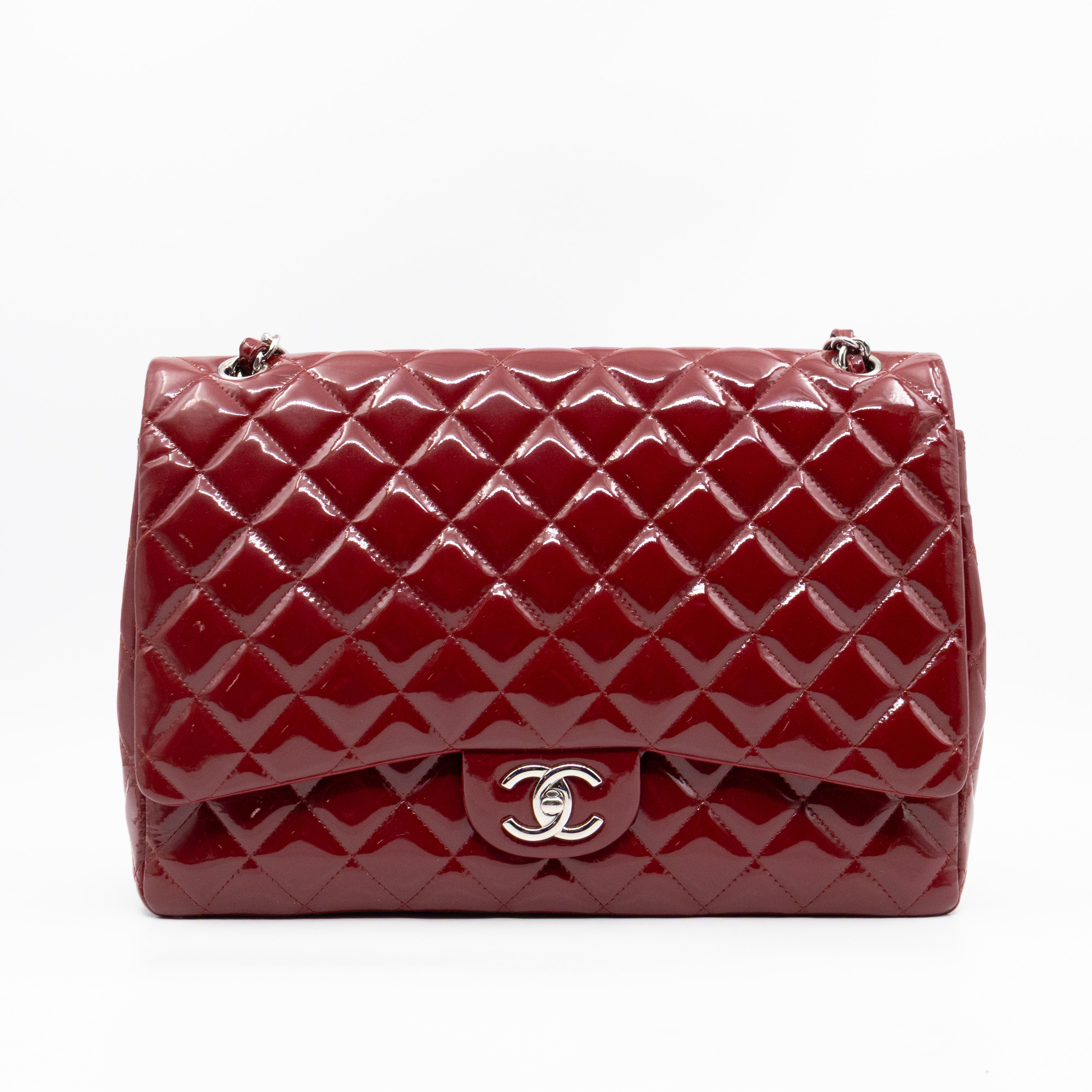Classic Double Flap Maxi Red Patent Leather Silver
