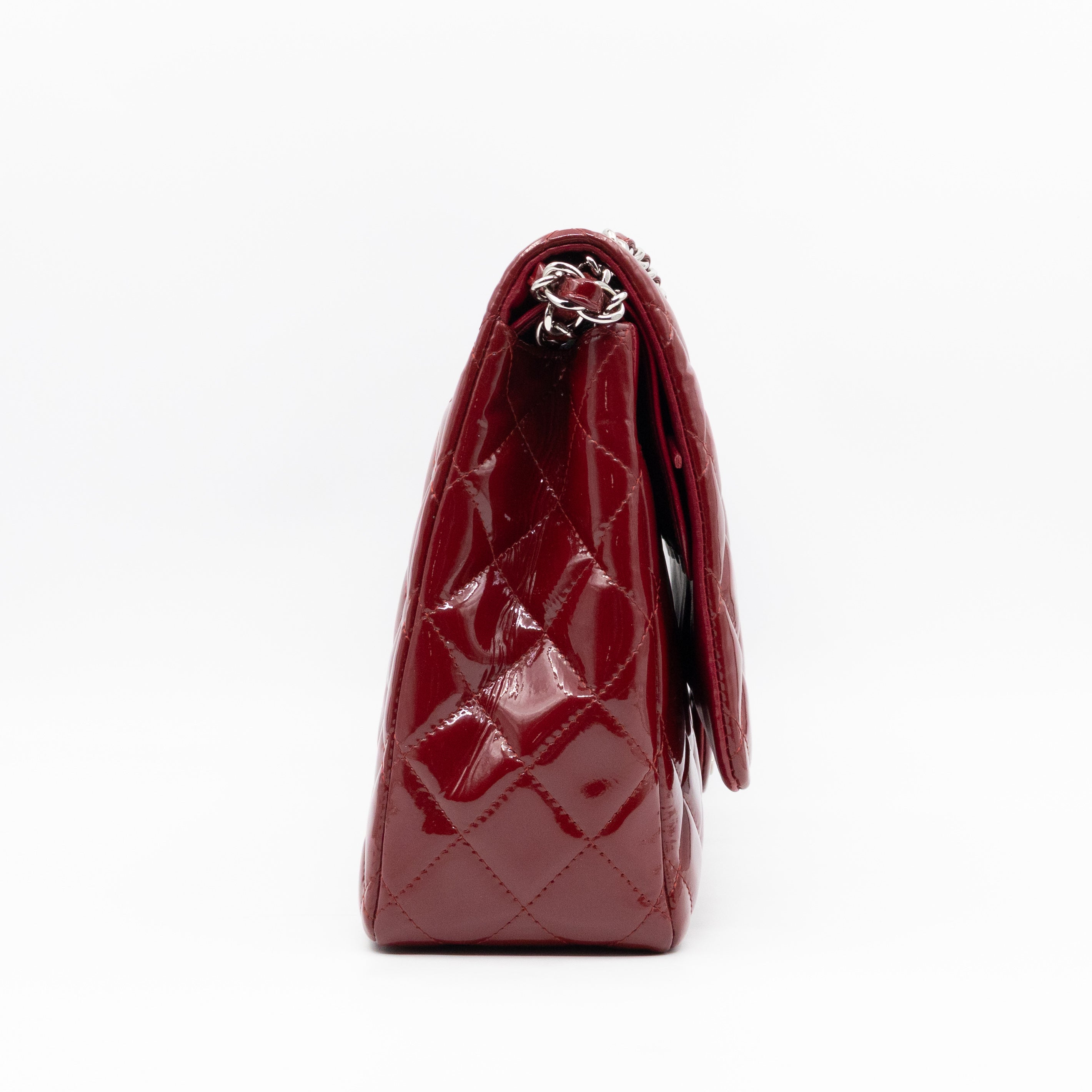 Classic Double Flap Maxi Red Patent Leather Silver