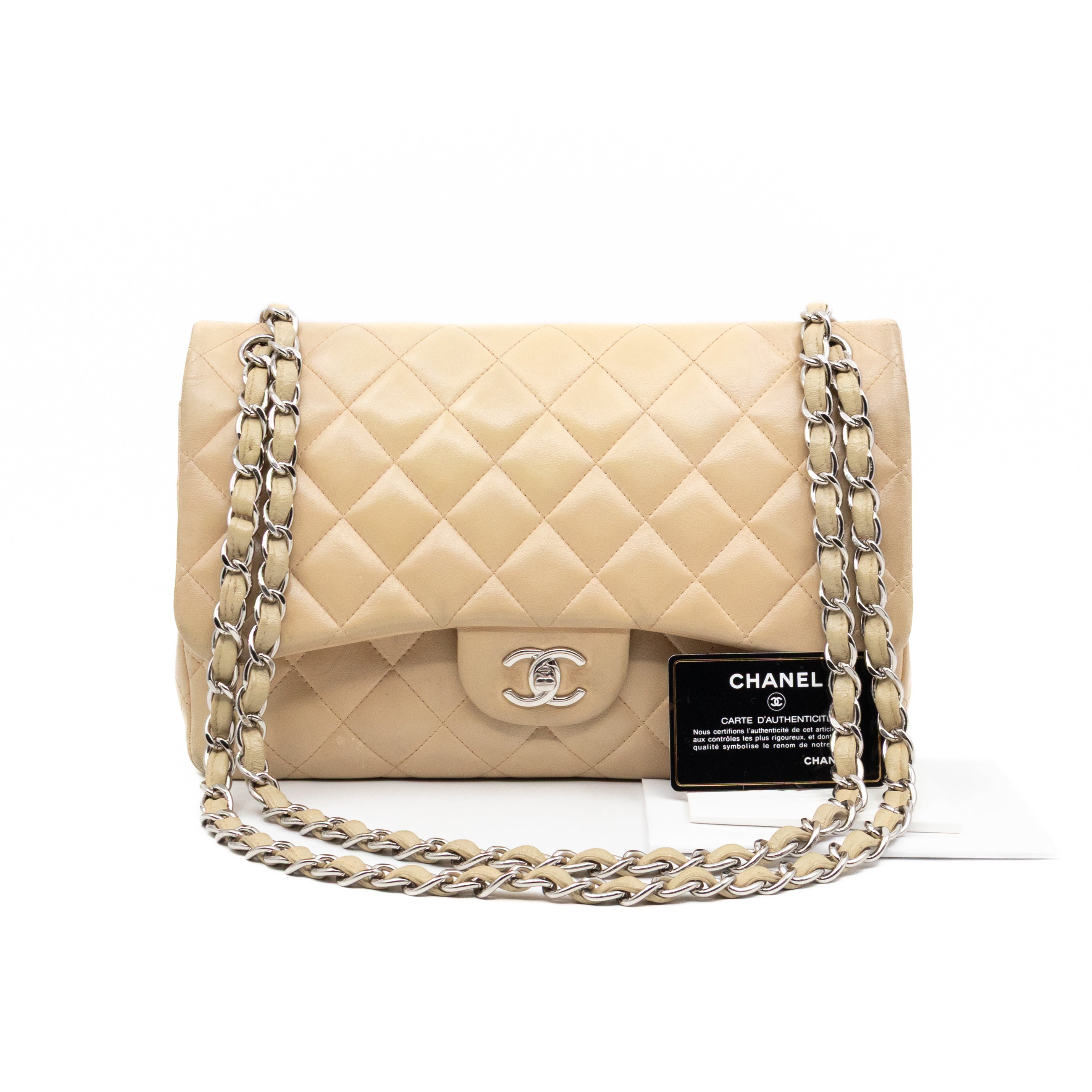 Classic Double Flap Jumbo Beige Lambskin Leather Silver