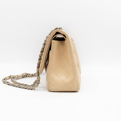 Classic Double Flap Jumbo Beige Lambskin Leather Silver