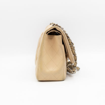 Classic Double Flap Jumbo Beige Lambskin Leather Silver