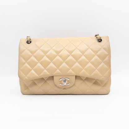 Classic Double Flap Jumbo Beige Lambskin Leather Silver