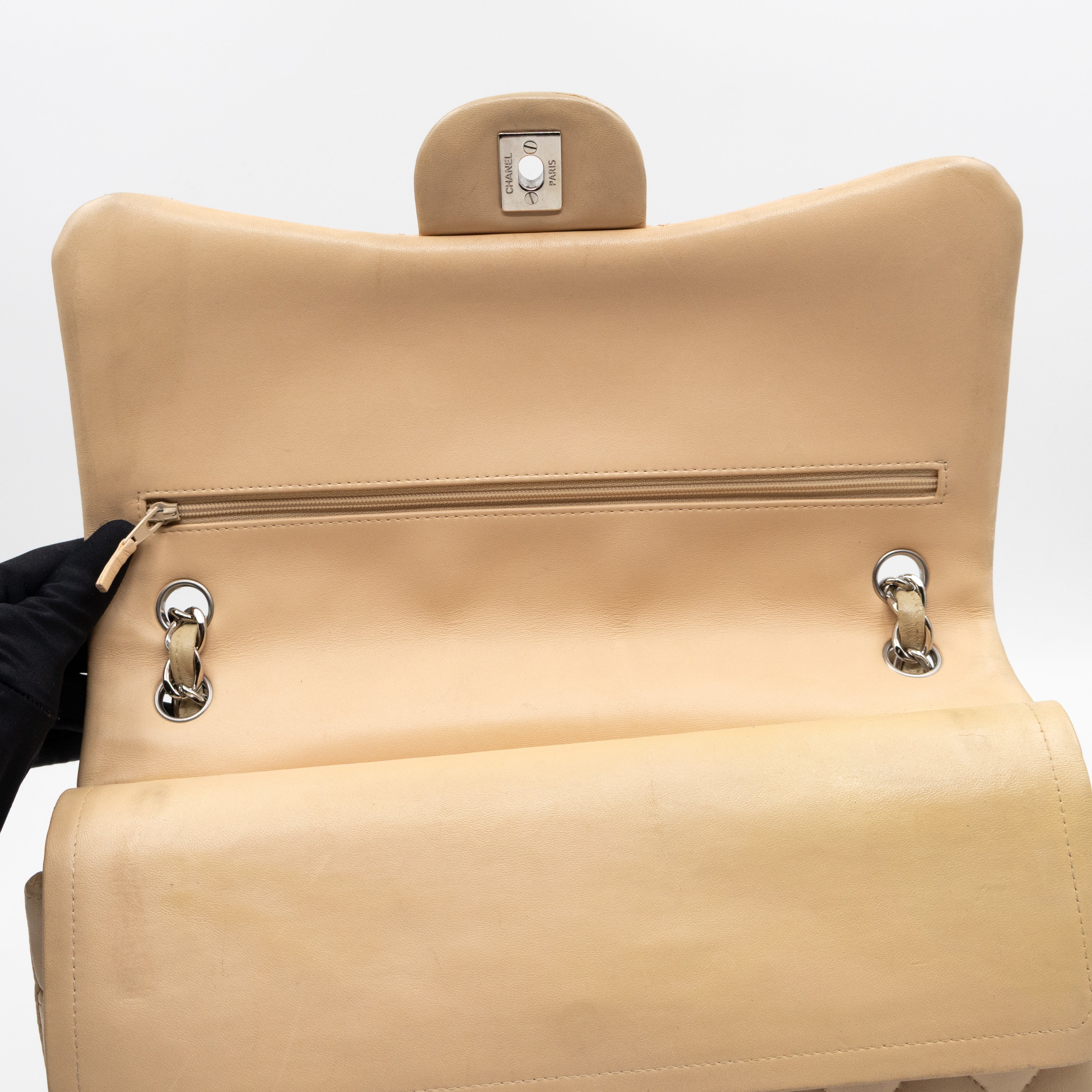 Classic Double Flap Jumbo Beige Lambskin Leather Silver