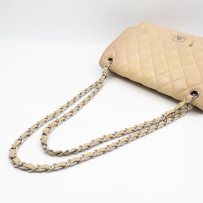 Classic Double Flap Jumbo Beige Lambskin Leather Silver