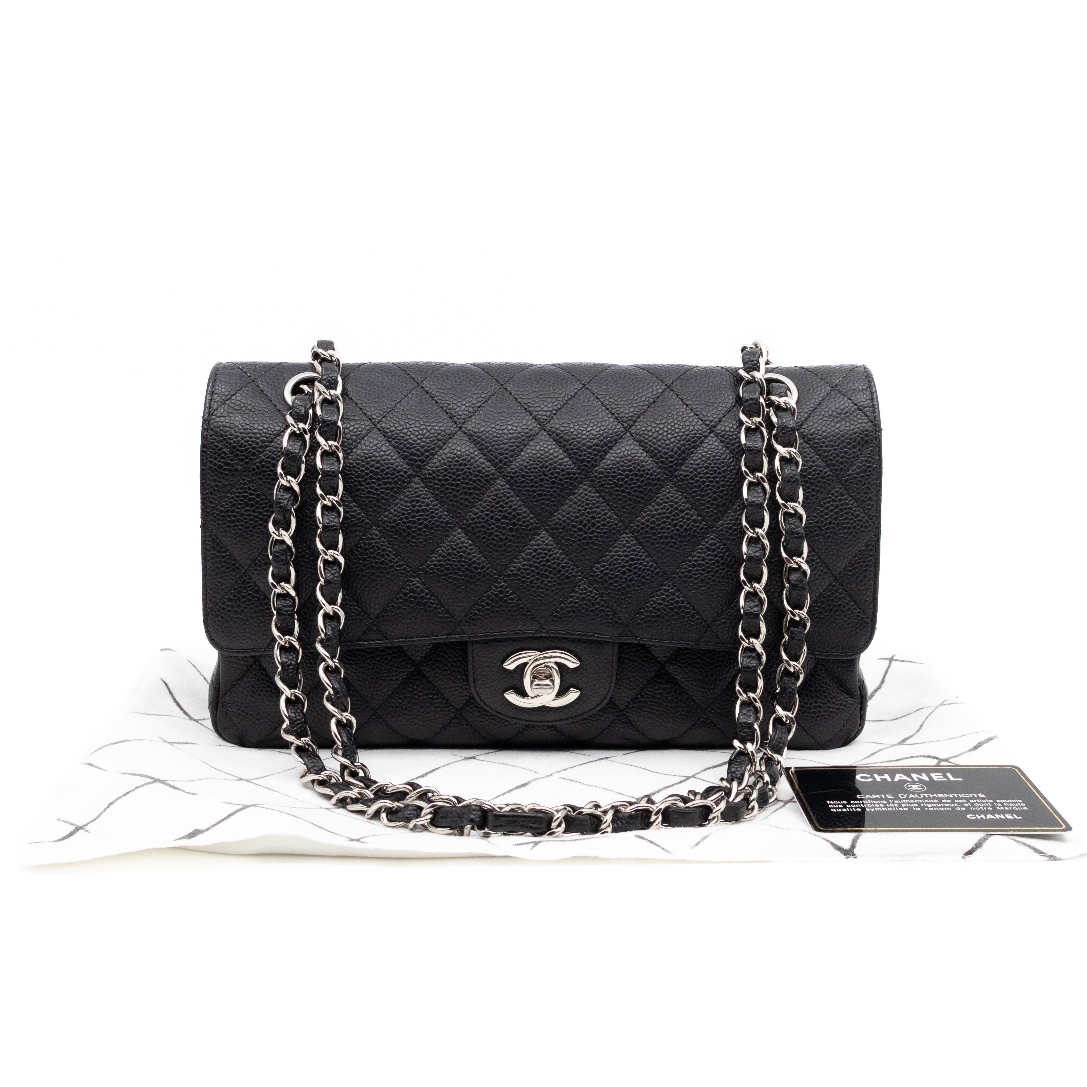 Classic Double Flap Medium Black Caviar Leather Silver