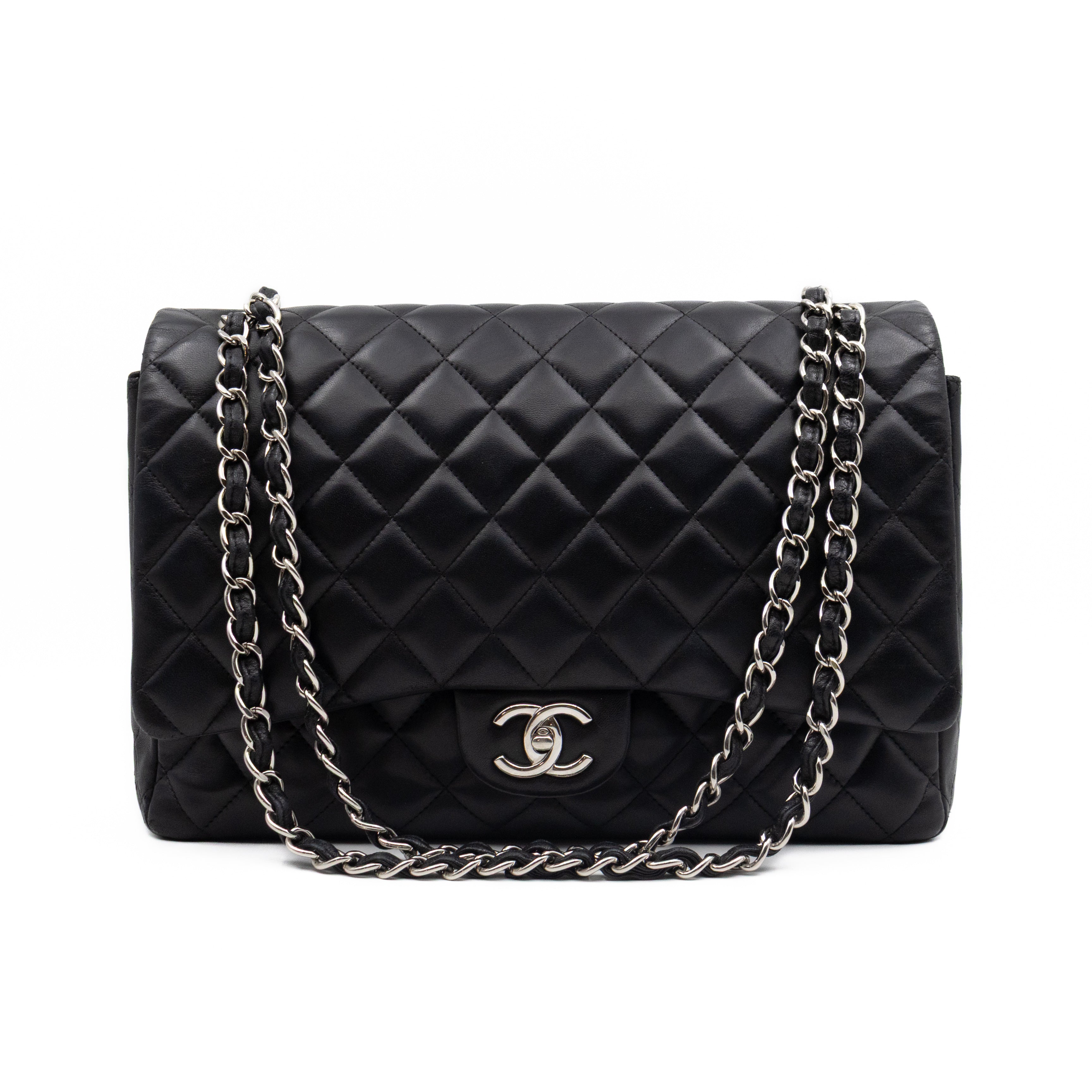 Classic Double Flap Maxi Black Lambskin Leather Silver