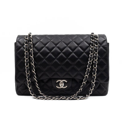 Classic Double Flap Maxi Black Lambskin Leather Silver