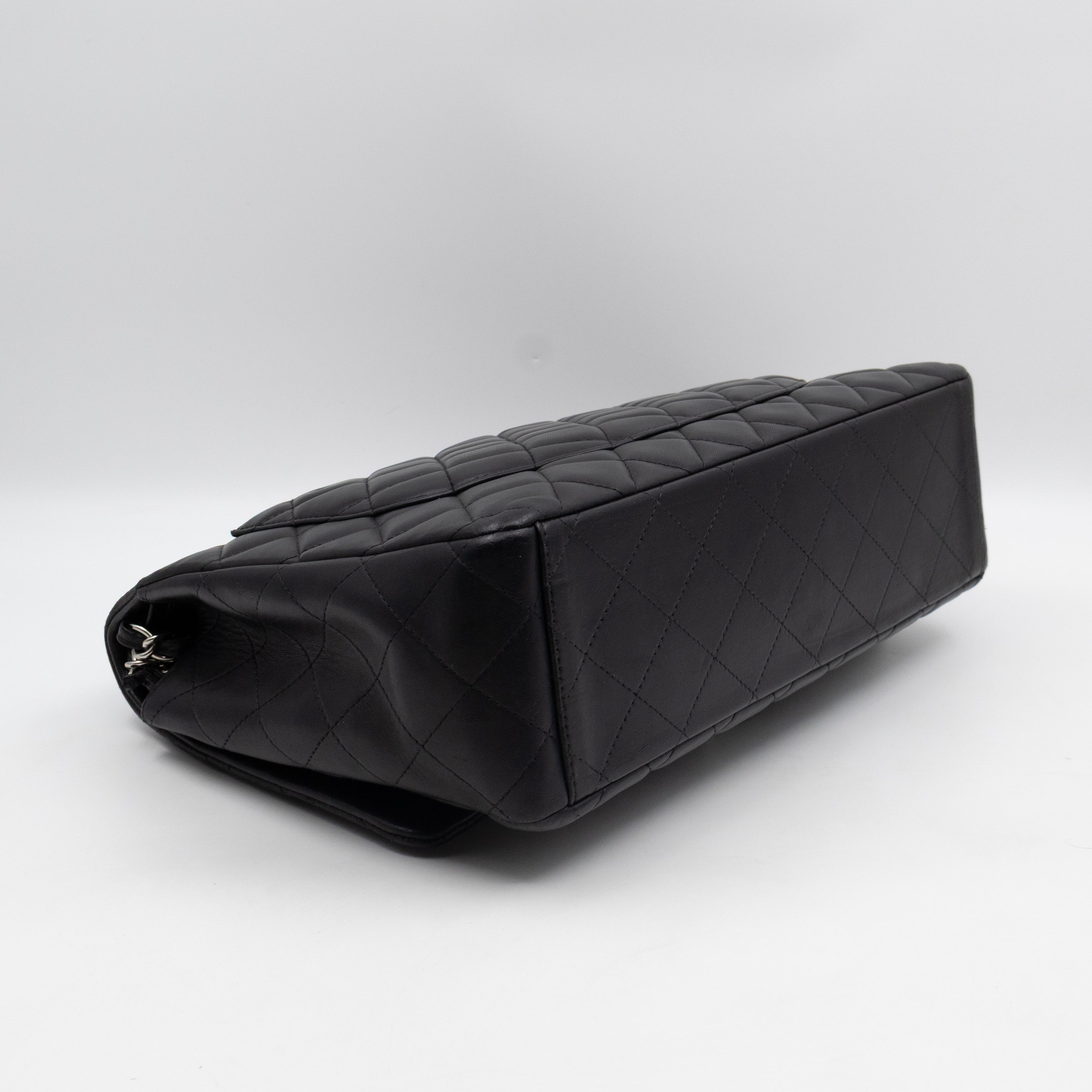 Classic Double Flap Maxi Black Lambskin Leather Silver