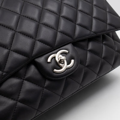 Classic Double Flap Maxi Black Lambskin Leather Silver