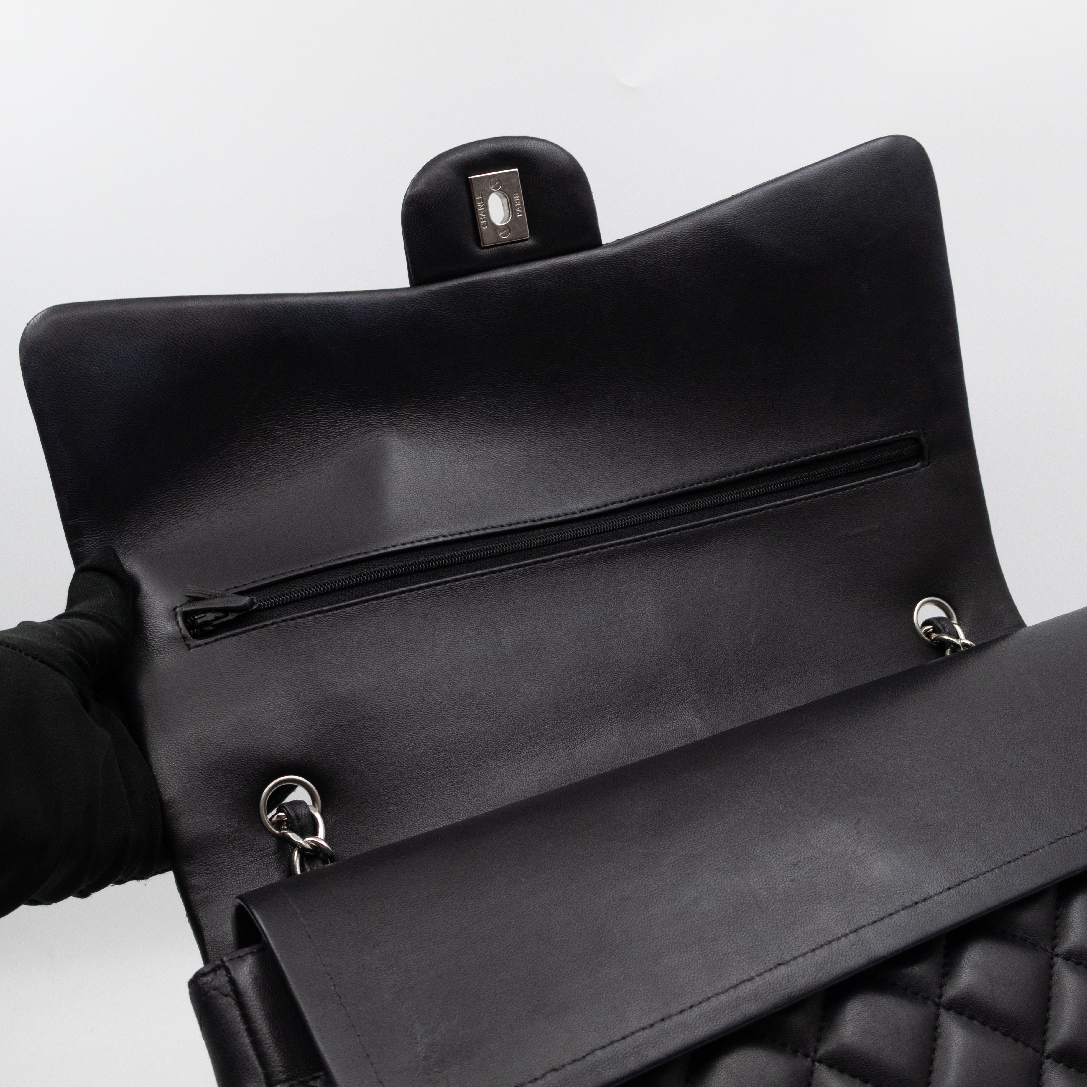 Classic Double Flap Maxi Black Lambskin Leather Silver