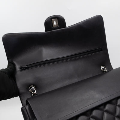 Classic Double Flap Maxi Black Lambskin Leather Silver