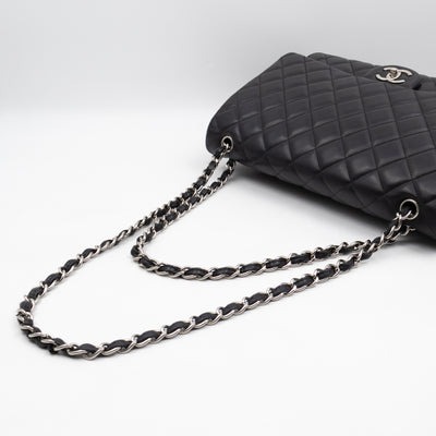 Classic Double Flap Maxi Black Lambskin Leather Silver