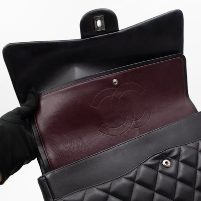 Classic Double Flap Maxi Black Lambskin Leather Silver