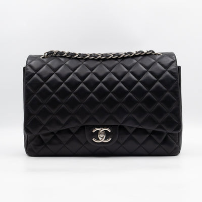 Classic Double Flap Maxi Black Lambskin Leather Silver