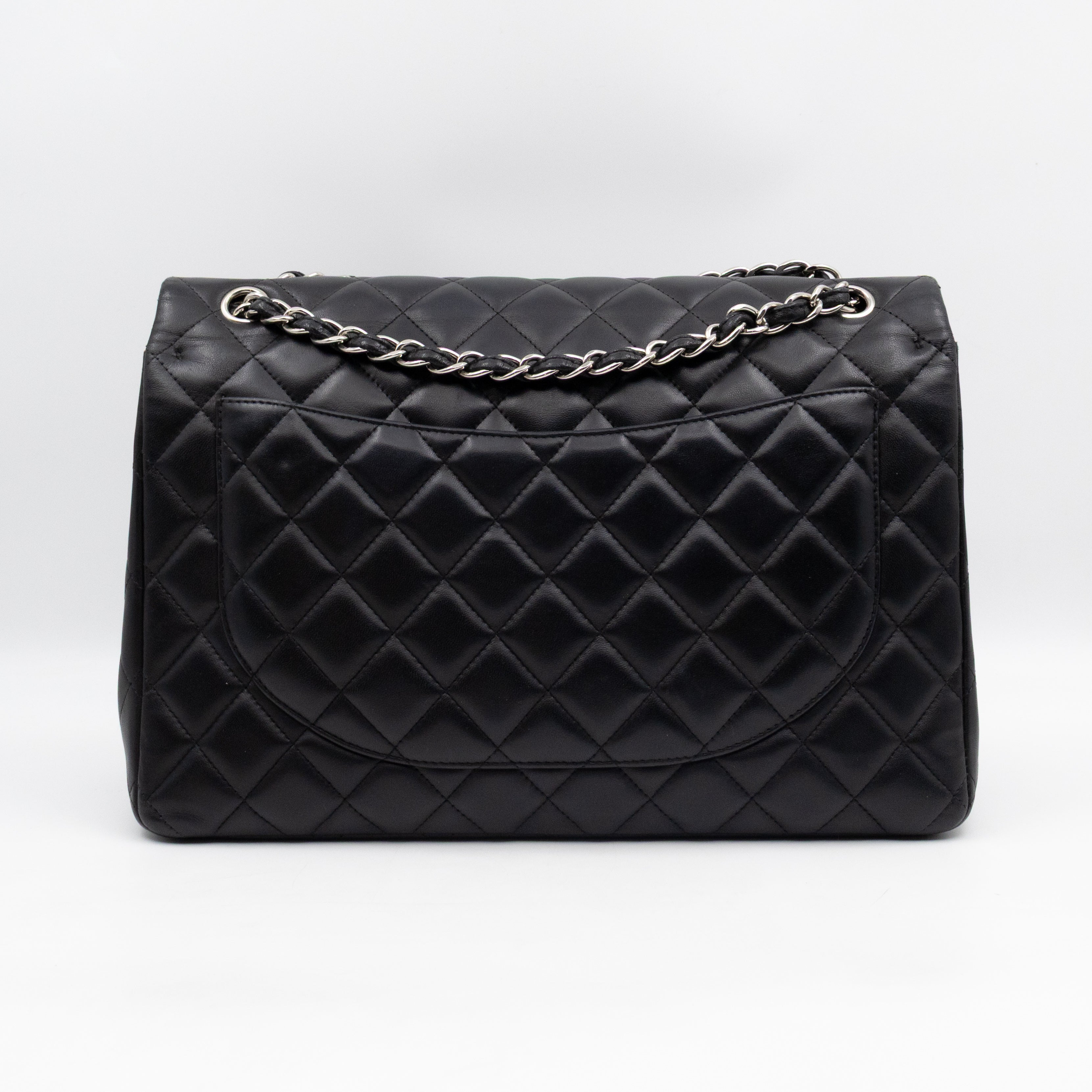 Classic Double Flap Maxi Black Lambskin Leather Silver