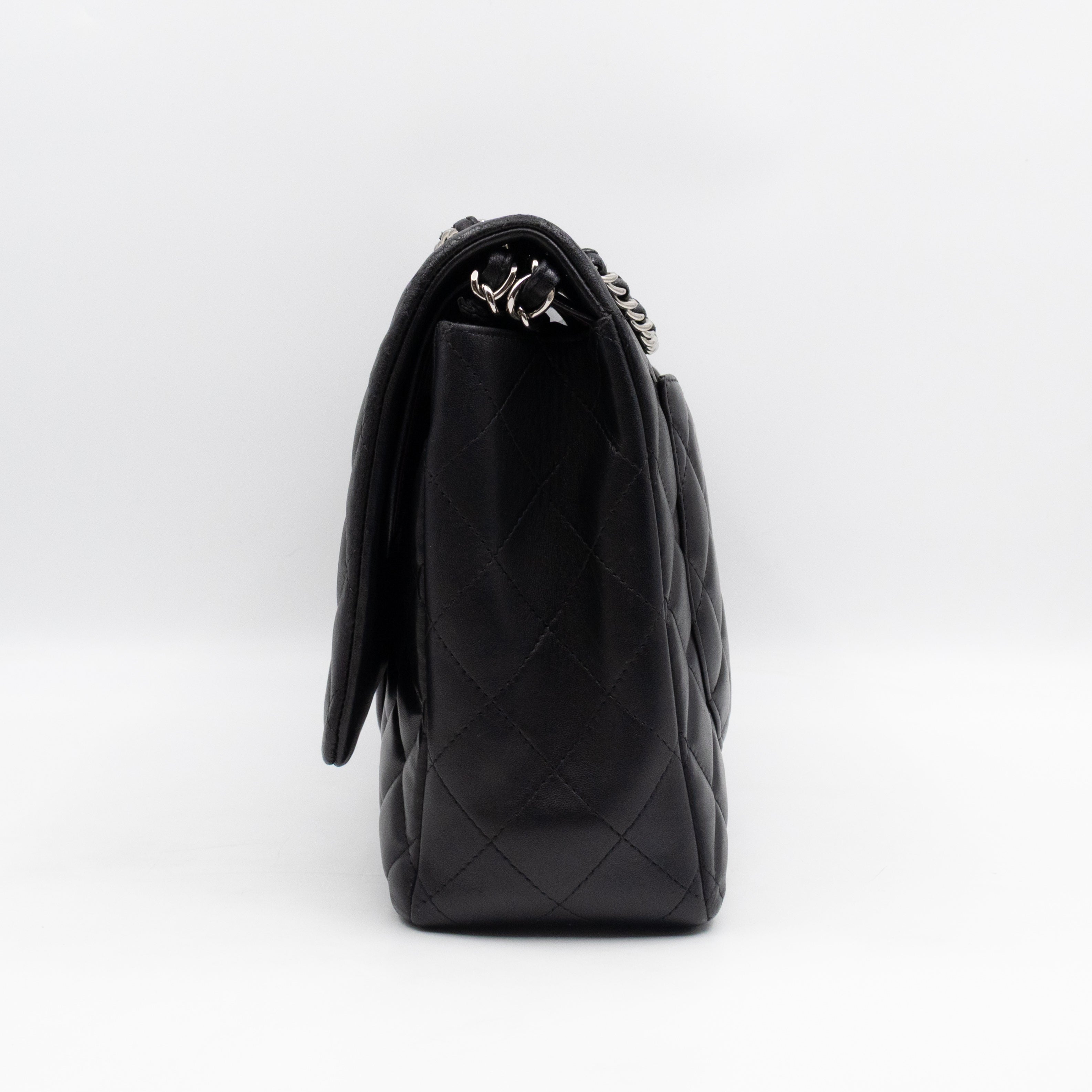 Classic Double Flap Maxi Black Lambskin Leather Silver