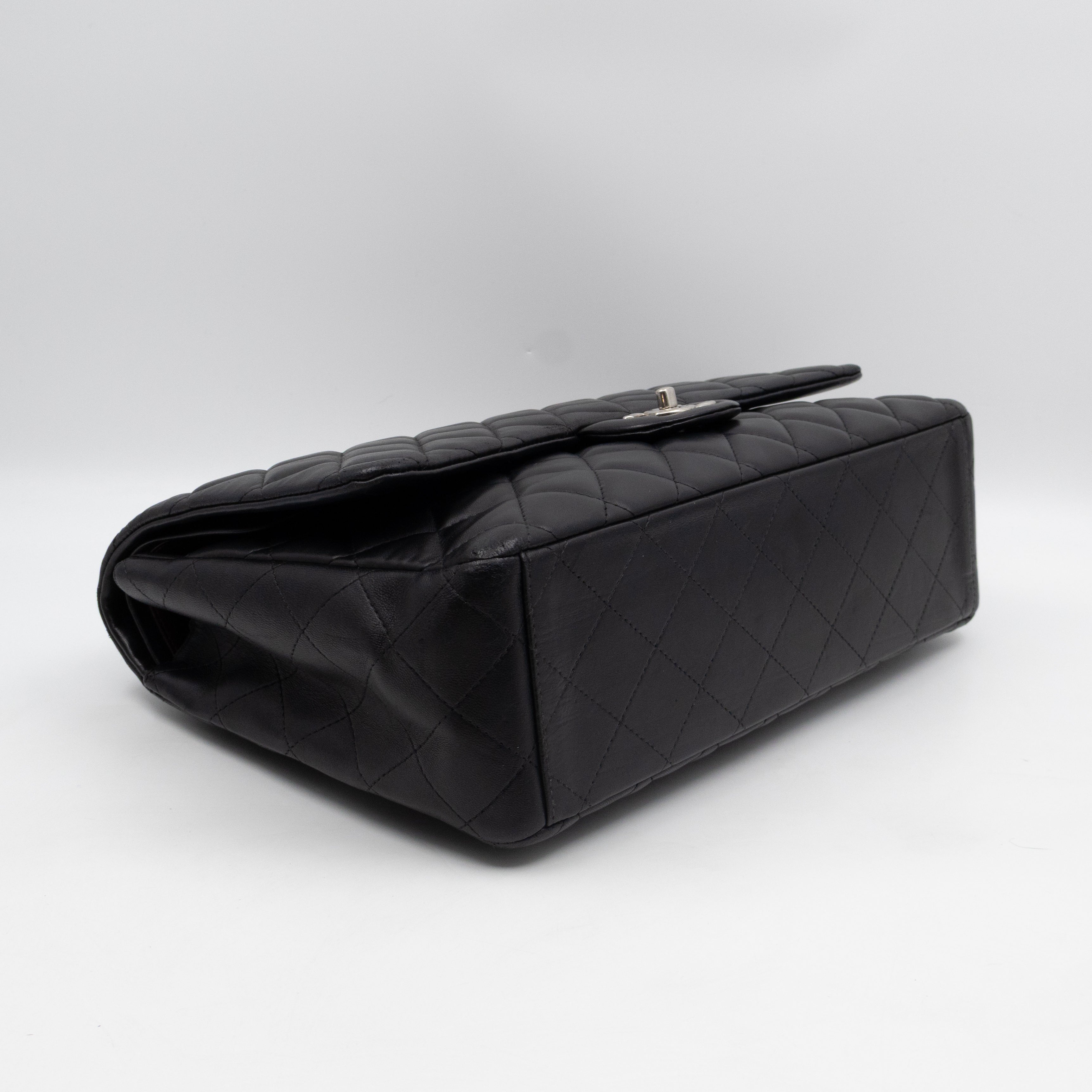 Classic Double Flap Maxi Black Lambskin Leather Silver