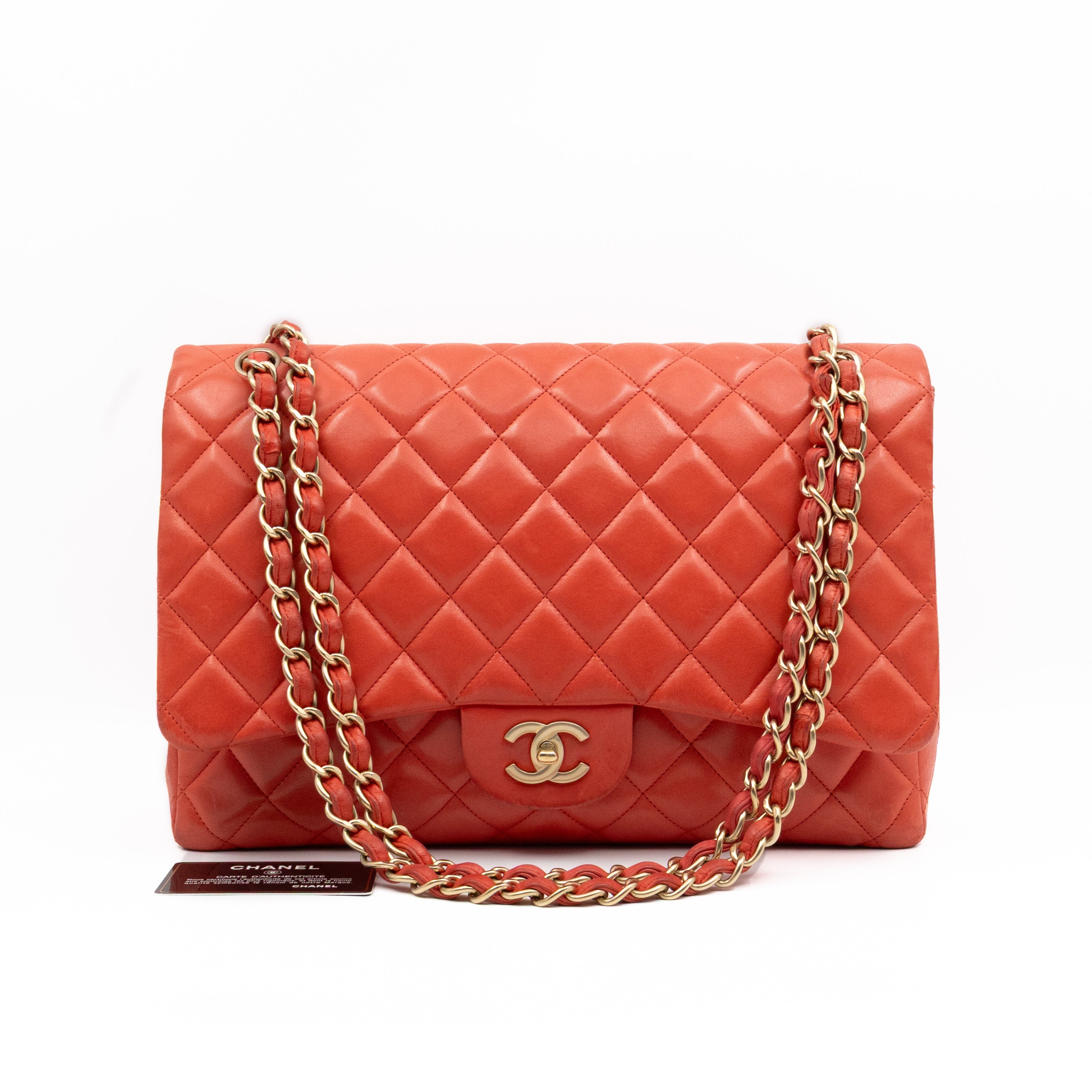 Classic Single Flap Maxi Orange Lambskin Leather