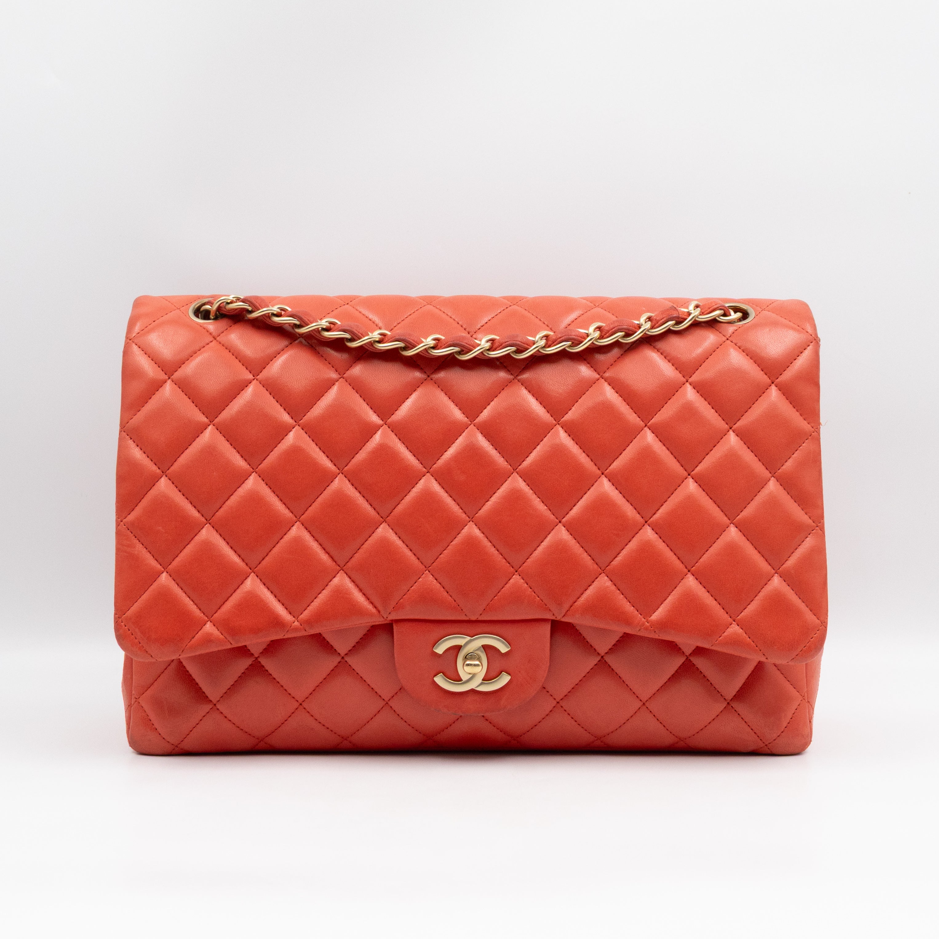 Classic Single Flap Maxi Orange Lambskin Leather