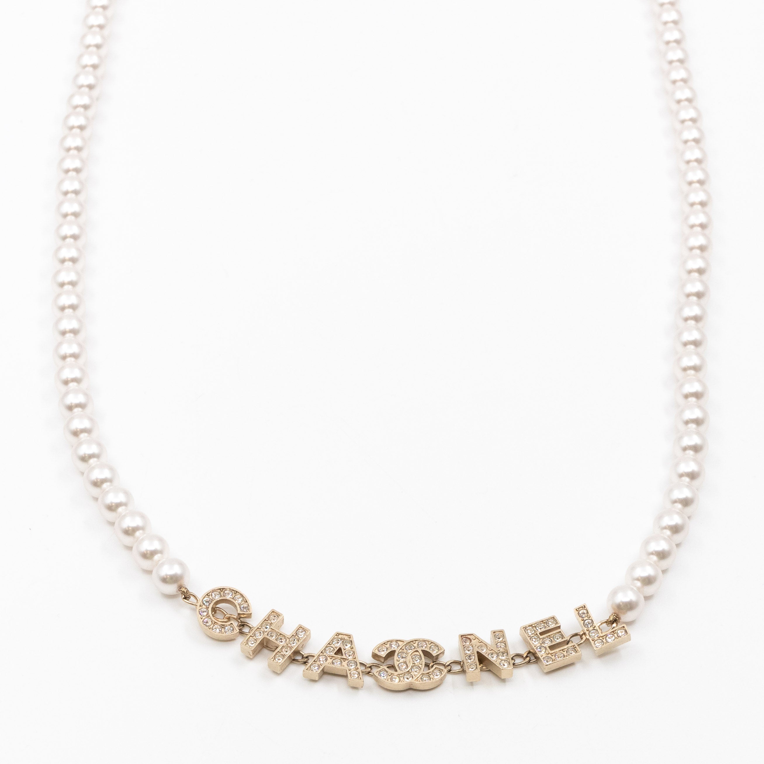 Crystal Chanel Logo Pearl Necklace