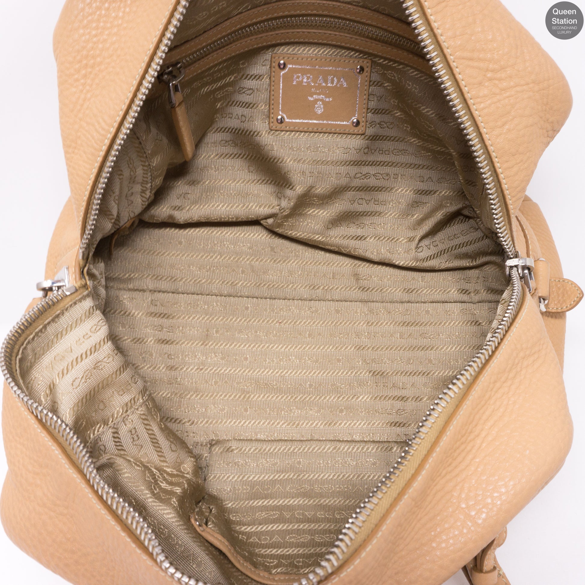 PRADA Embossed Logo Leather Boston bag Handbag Beige Vintage Old