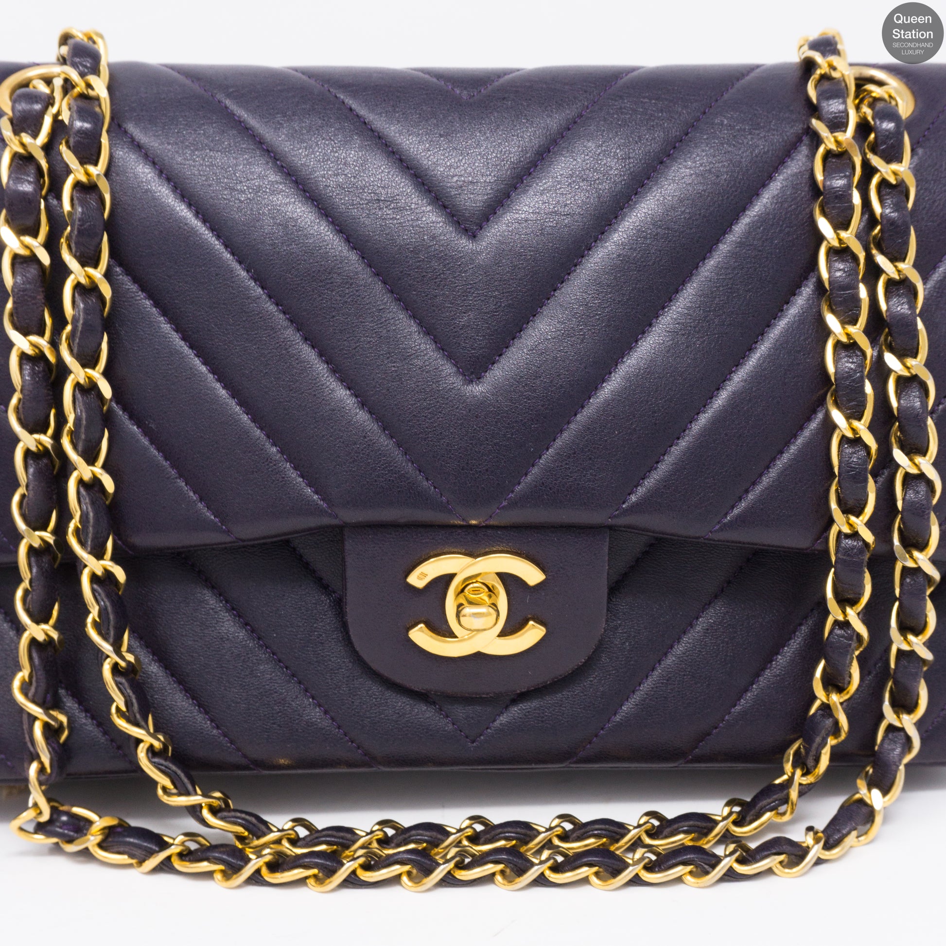 Chanel Elaphe Double Chevron Flap Bag Medium Navy Blue / Black