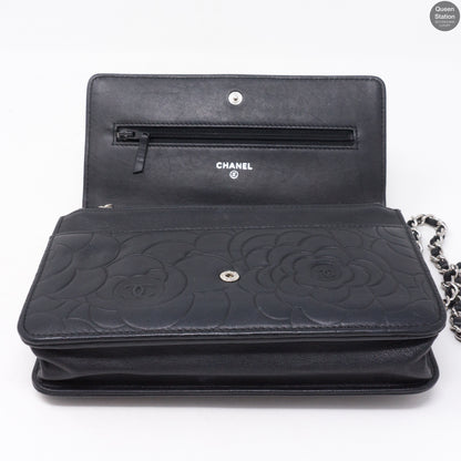 Black Leather Camelia Wallet On Chain
