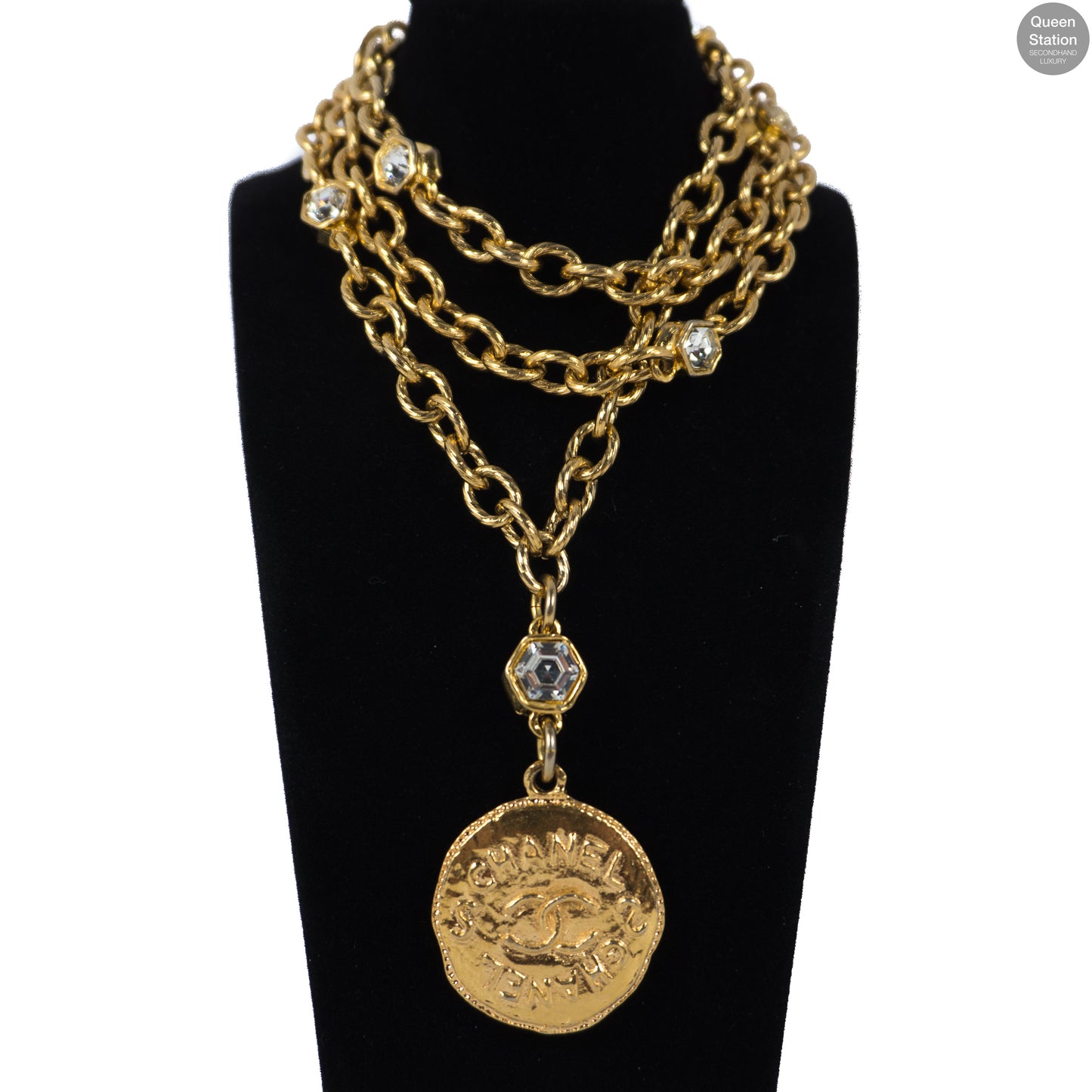 Gold Medallion With Crystals Long Necklace